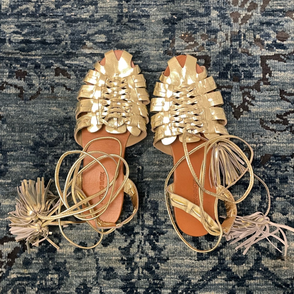 Sz 38 Antik Batik Gold Woven Sandles with Ties